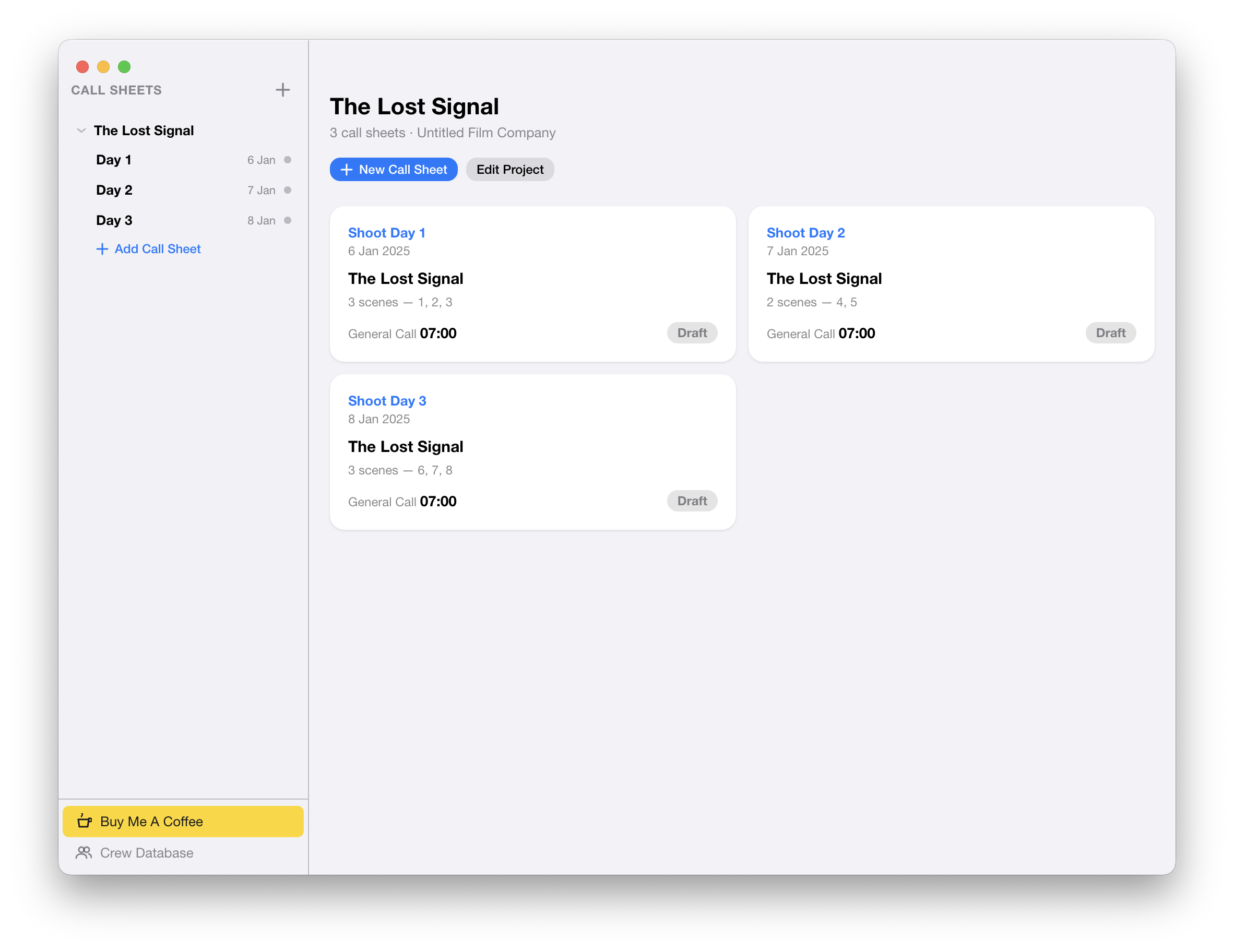 Call Sheets - Days Screen