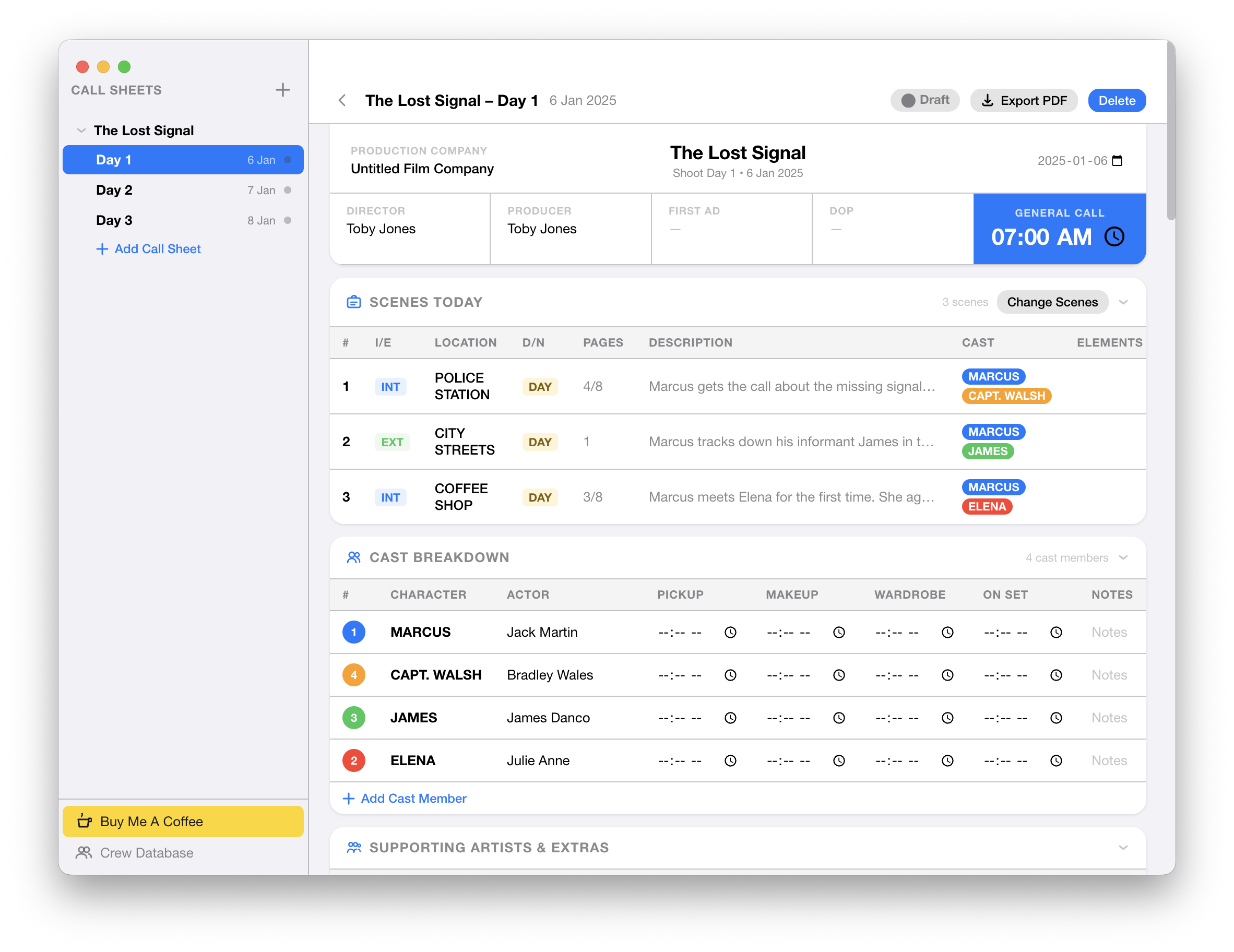 Call Sheets - Main Screen